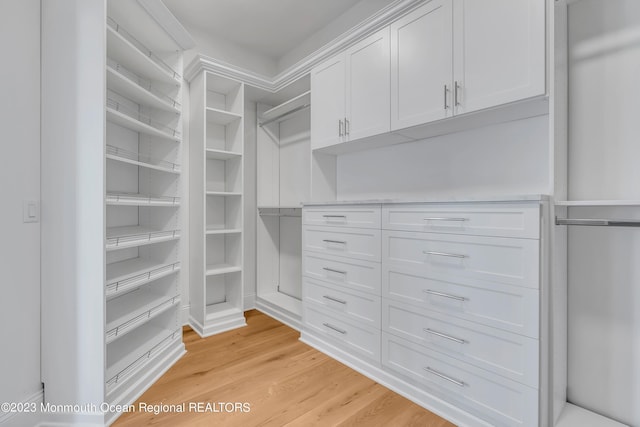 walk in closet with light wood-type flooring