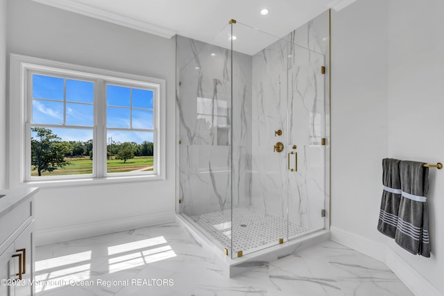 bathroom featuring crown molding, an enclosed shower, and vanity