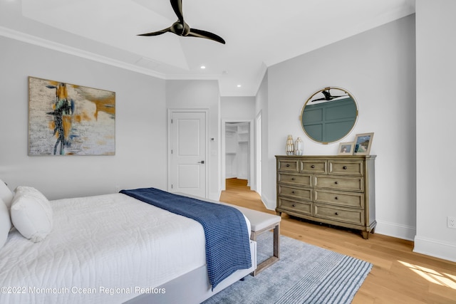 bedroom featuring a spacious closet, light hardwood / wood-style floors, ceiling fan, crown molding, and a closet