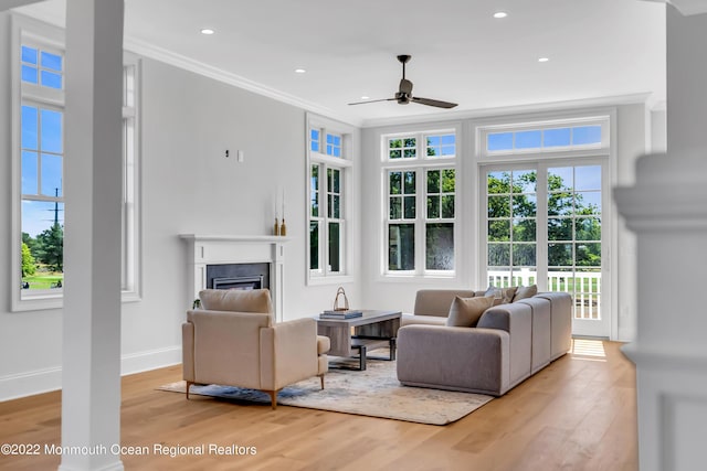 living room with light hardwood / wood-style flooring, ornamental molding, and ceiling fan