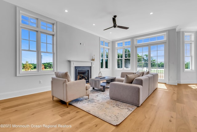 living room with crown molding, light hardwood / wood-style floors, and ceiling fan