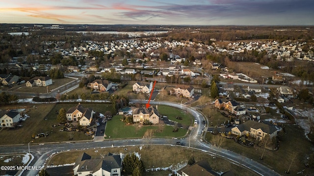 view of aerial view at dusk