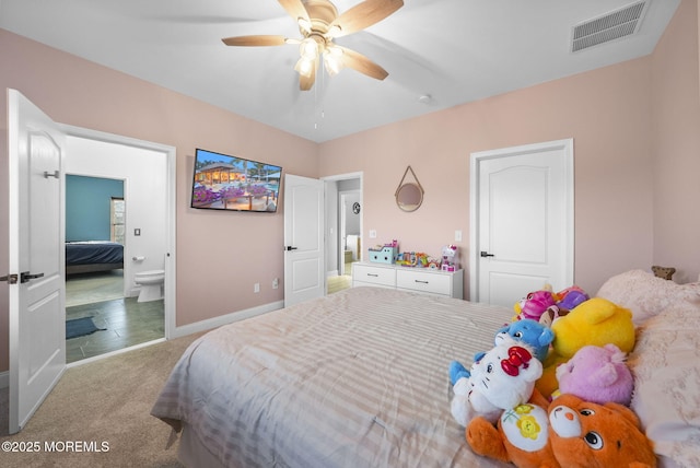 bedroom featuring ceiling fan and carpet floors