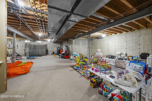 basement featuring gas water heater and electric panel