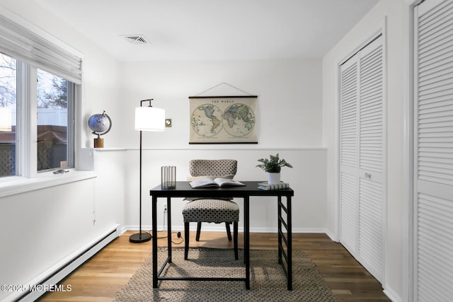 office area featuring a baseboard radiator and wood-type flooring