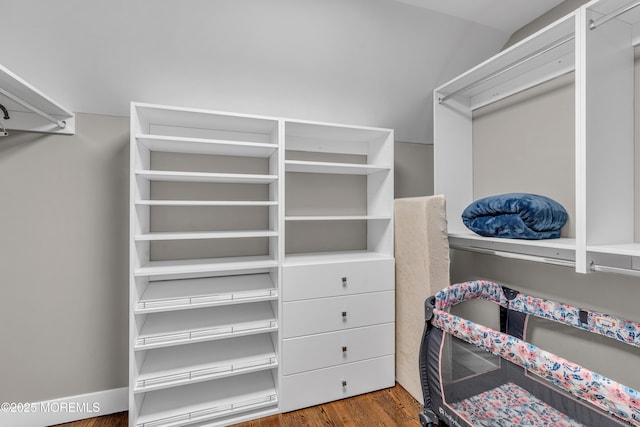 spacious closet featuring dark hardwood / wood-style flooring