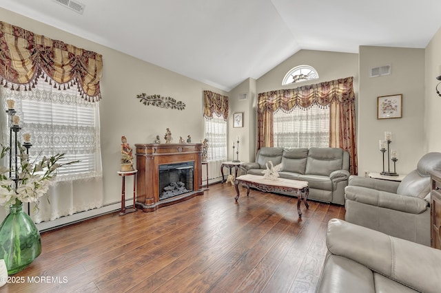 living room featuring dark wood-type flooring, a baseboard radiator, and lofted ceiling