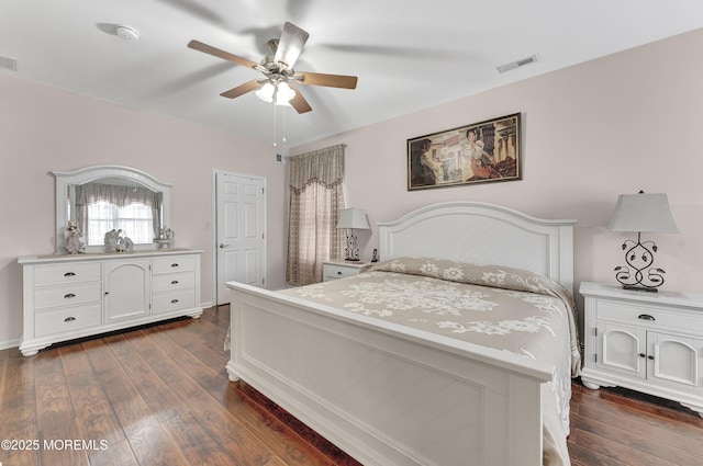 bedroom featuring ceiling fan and dark wood-type flooring