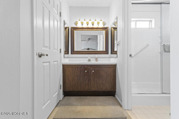 bathroom featuring vanity and a shower with shower door