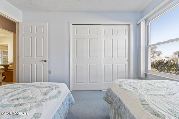 carpeted bedroom featuring a closet and a textured ceiling