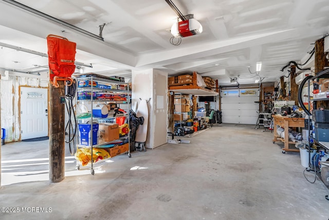 garage featuring a workshop area and a garage door opener