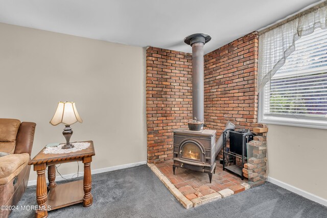 living room featuring carpet floors and a wood stove