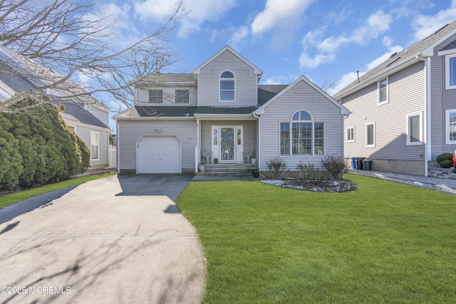 view of front property with a garage, a front yard, and central air condition unit