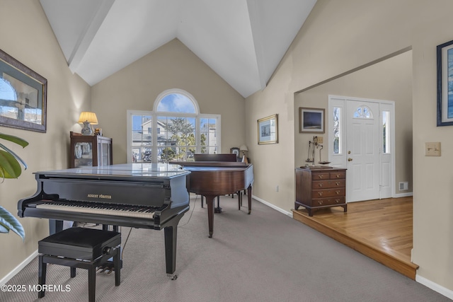 miscellaneous room featuring high vaulted ceiling and carpet