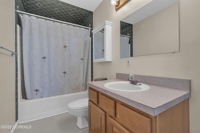 full bathroom with vanity, toilet, and shower / tub combo with curtain