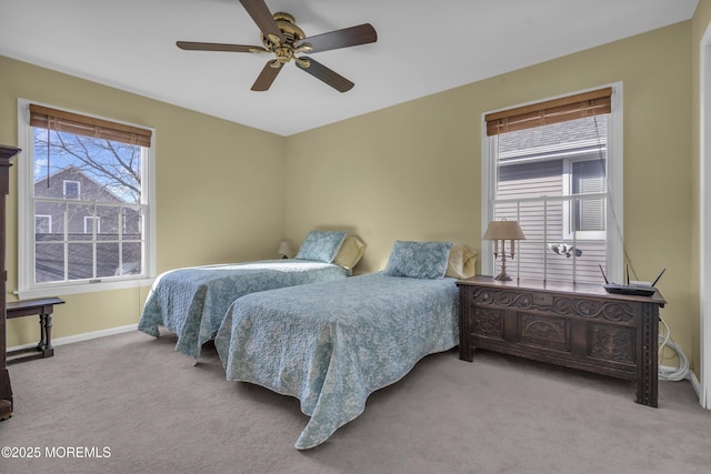 bedroom with light colored carpet and ceiling fan