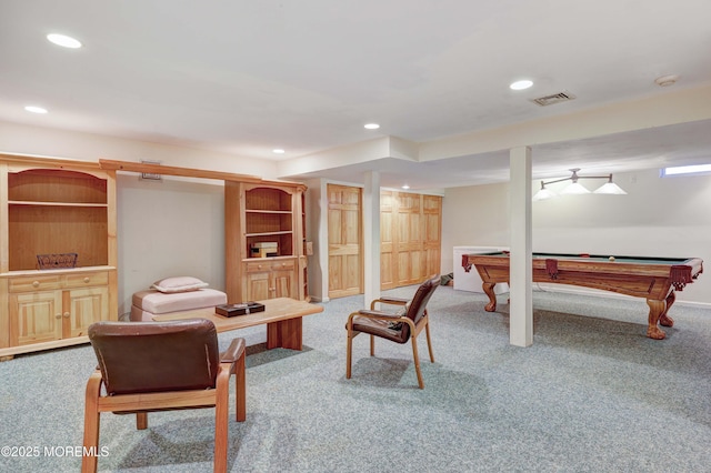 game room featuring pool table, carpet, visible vents, and recessed lighting