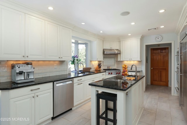 kitchen featuring under cabinet range hood, white cabinetry, stainless steel appliances, and a sink