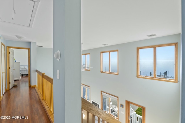 hallway with a water view and dark hardwood / wood-style flooring