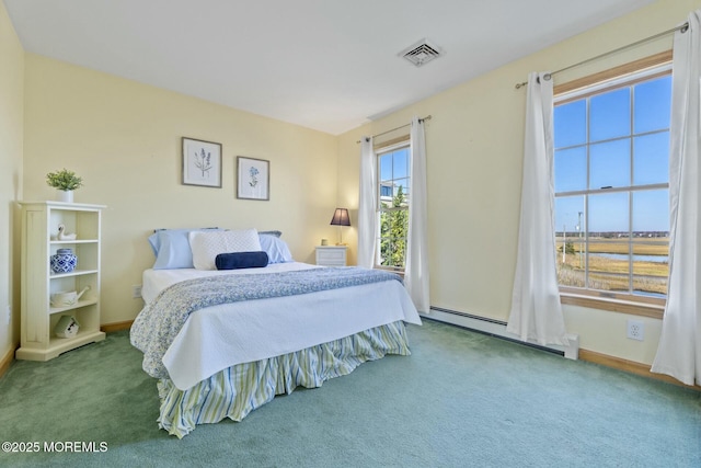 bedroom with carpet and a baseboard heating unit