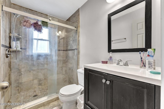 bathroom with vanity, toilet, and a shower with door