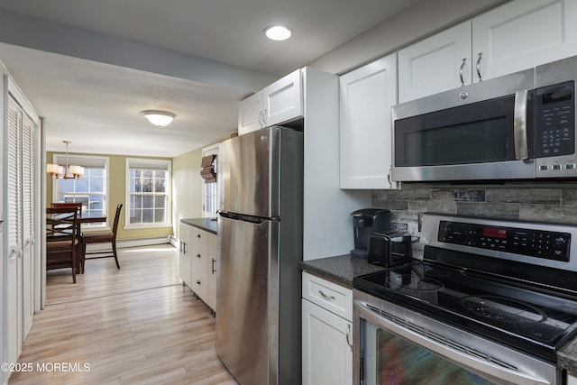 kitchen featuring white cabinetry, light hardwood / wood-style flooring, baseboard heating, appliances with stainless steel finishes, and backsplash