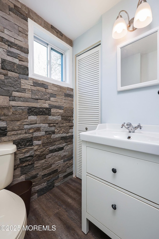 bathroom with vanity, hardwood / wood-style floors, and toilet