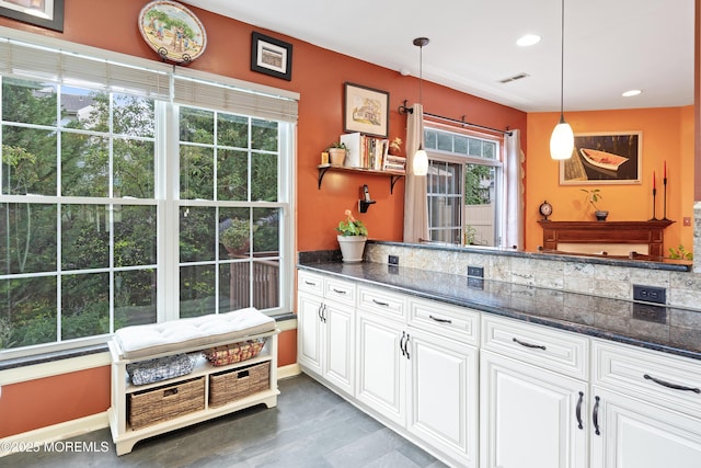 66 Banyan Blvd, Holmdel, NJ 07733 - kitchen with white cabinetry, decorative light fixtures, dark stone counters, recessed lighting, and open shelves