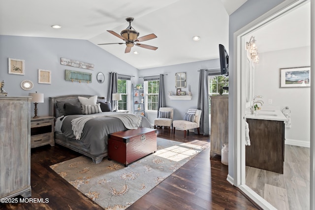 66 Banyan Blvd, Holmdel, NJ 07733 - bedroom with vaulted ceiling, wood finished floors, and ceiling fan