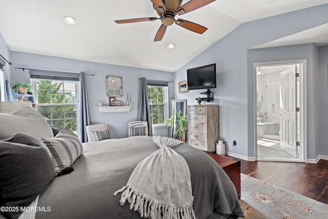 66 Banyan Blvd, Holmdel, NJ 07733 - bedroom with wood finished floors, vaulted ceiling, recessed lighting, connected bathroom, and ceiling fan