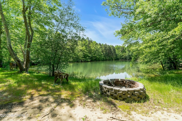 property view of water featuring a fire pit