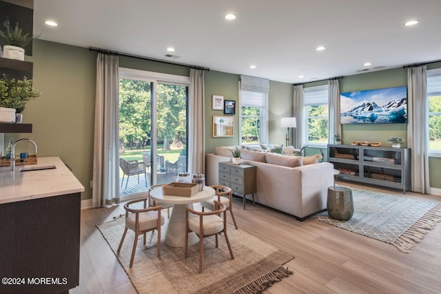 living room featuring sink and light hardwood / wood-style flooring