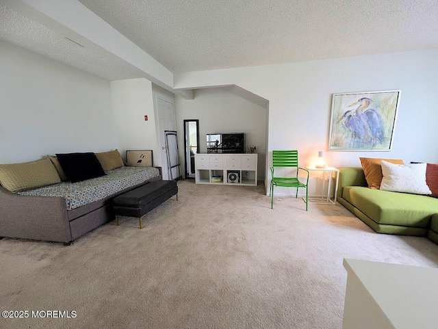 carpeted living room featuring a textured ceiling