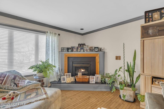 105 Geranium Ct, Toms River, NJ 08753 - living area featuring wood-type flooring, crown molding, and a warm lit fireplace