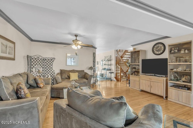 105 Geranium Ct, Toms River, NJ 08753 - living room with stairway, light wood finished floors, a ceiling fan, and crown molding