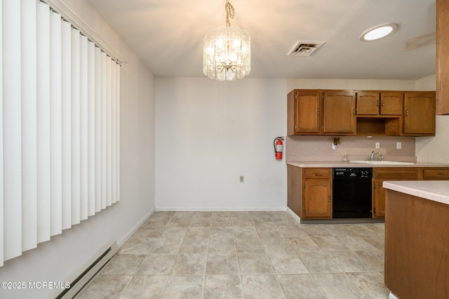 kitchen featuring decorative light fixtures, a baseboard radiator, black dishwasher, backsplash, and an inviting chandelier