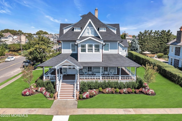 victorian house featuring covered porch and a front lawn