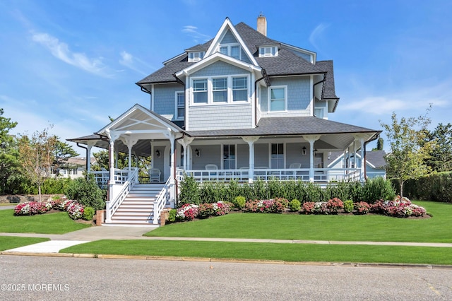 view of front of property featuring a front yard and covered porch