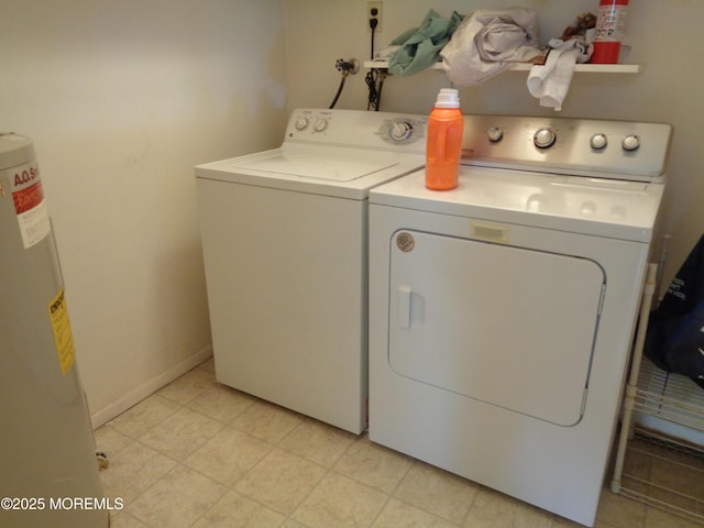 laundry room with water heater and washing machine and clothes dryer