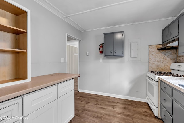 kitchen featuring gray cabinetry, dark hardwood / wood-style flooring, and white range with gas stovetop