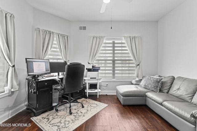 home office featuring dark hardwood / wood-style floors and ceiling fan