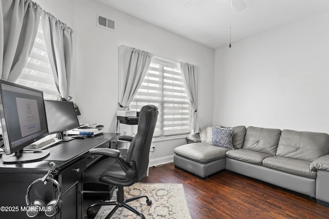 home office featuring dark hardwood / wood-style floors