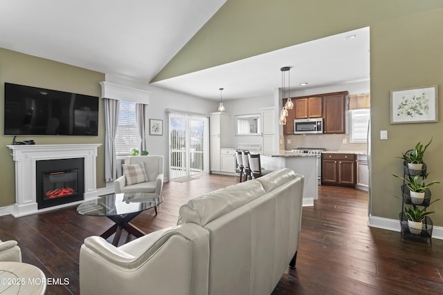 living room with high vaulted ceiling and dark hardwood / wood-style flooring