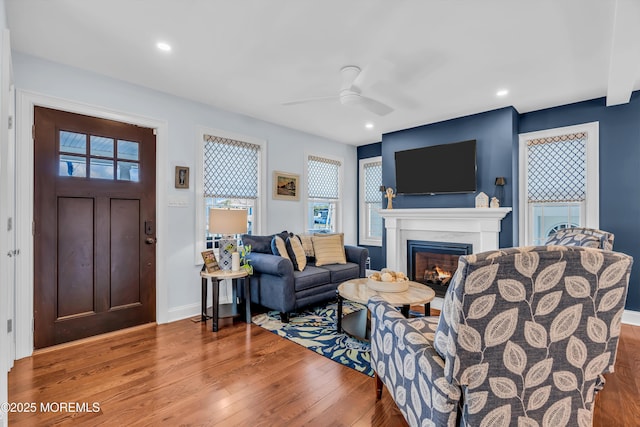 living room with wood-type flooring and ceiling fan