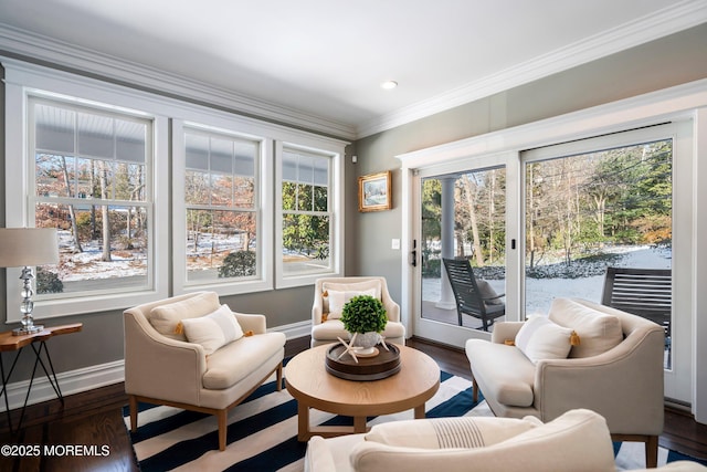 living area featuring ornamental molding and dark hardwood / wood-style flooring