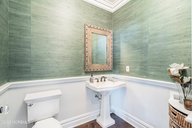 bathroom featuring ornamental molding and toilet