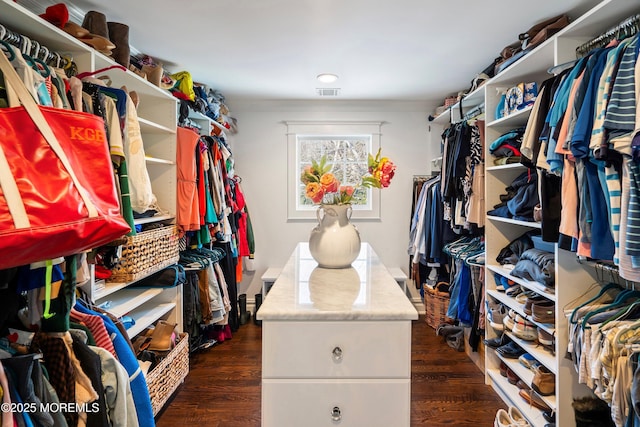 spacious closet with dark hardwood / wood-style flooring