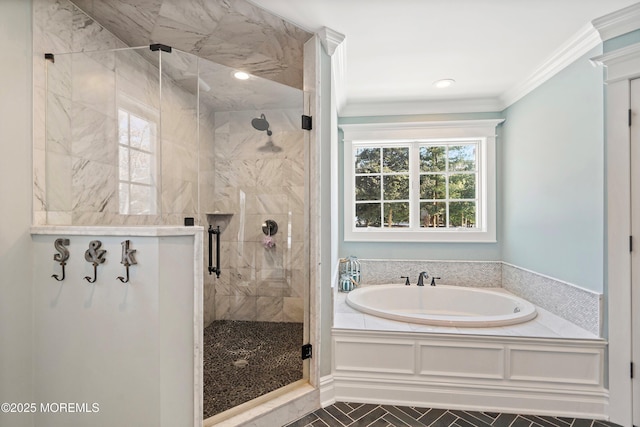 bathroom featuring tile patterned flooring, plus walk in shower, and crown molding