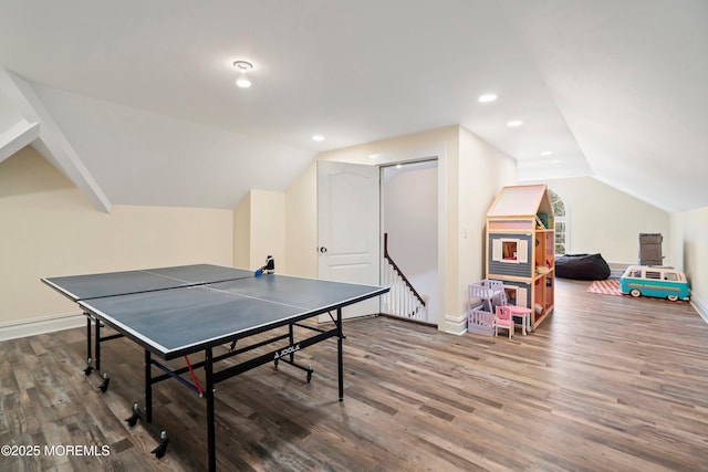 game room featuring hardwood / wood-style flooring and lofted ceiling