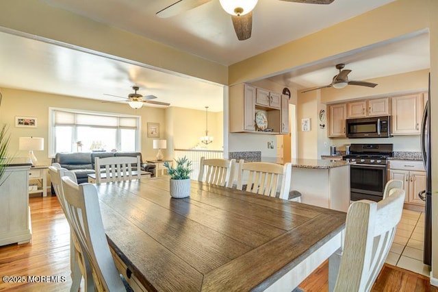 dining area featuring ceiling fan with notable chandelier and light hardwood / wood-style floors